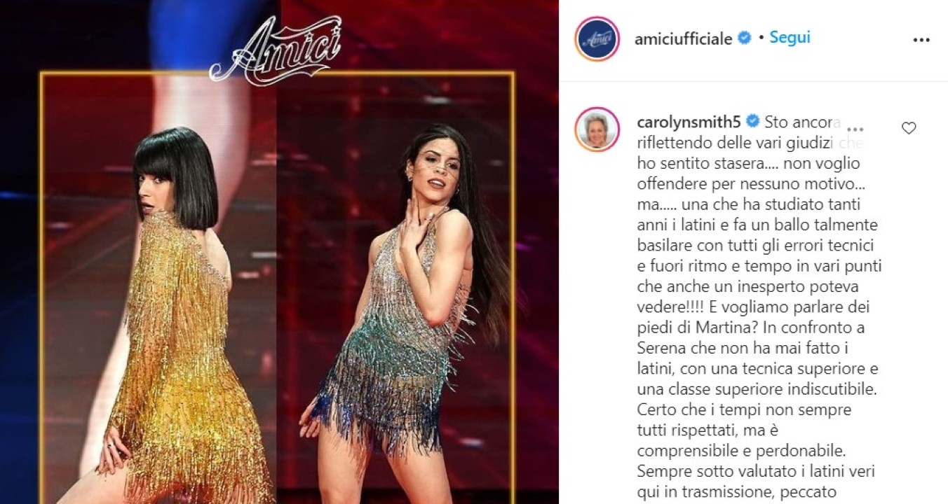 Amici 20, Carolyn Smith commenta il guanto di sfida fra Martina e Serena e aggiunge: “Sempre sottovalutati i balli latini in questa trasmissione”