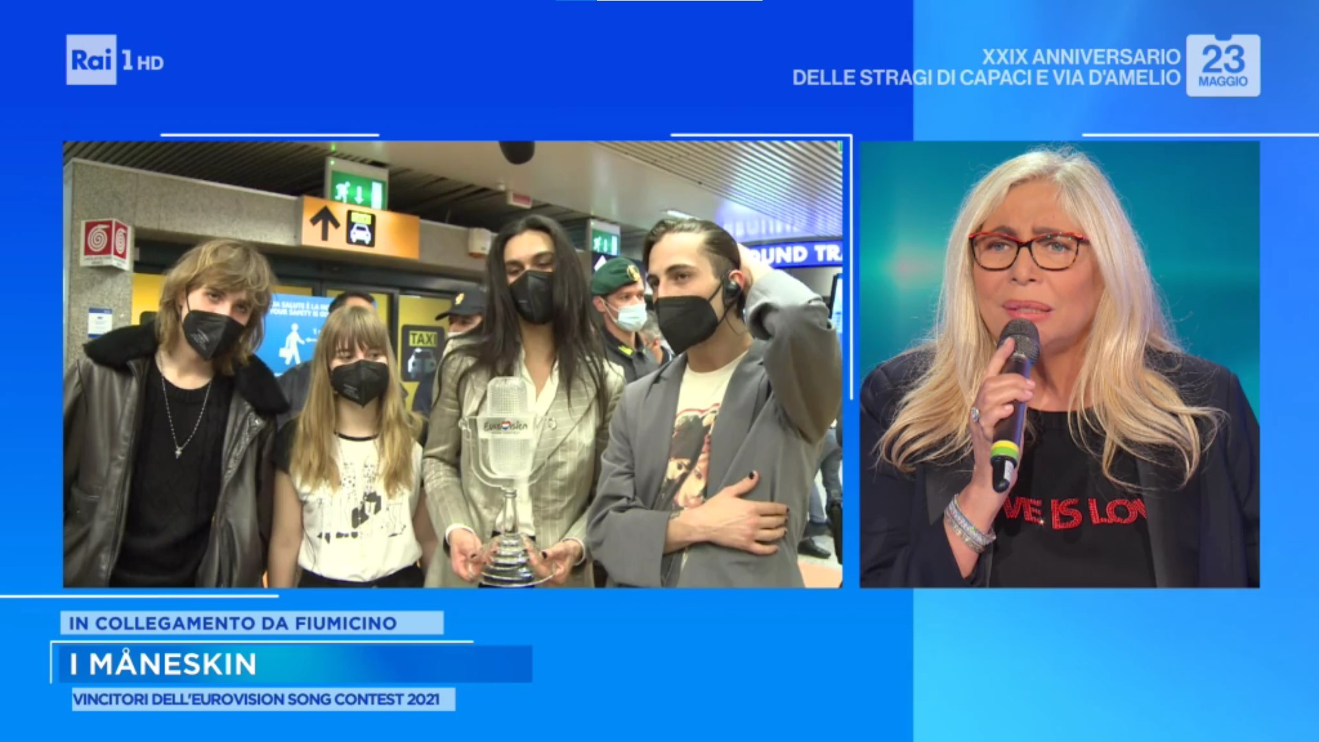 Domenica In, Mara Venier si collega con i Maneskin da Fiumicino e li invita in studio domenica prossima