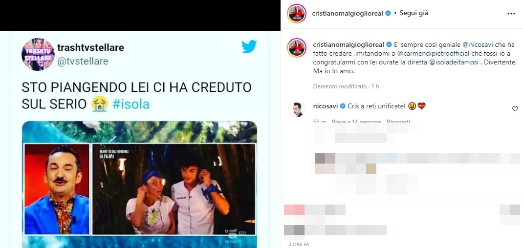 L’Isola dei Famosi 16, Cristiano Malgioglio reagisce allo scherzo di Nicola Savino a Carmen Di Pietro