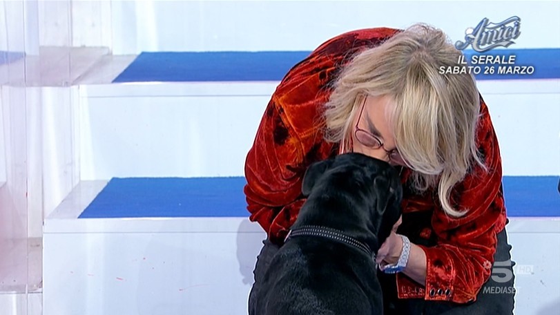 Uomini e Donne, Maria De Filippi gioca con Bruce il cane di Matteo Ranieri (video)