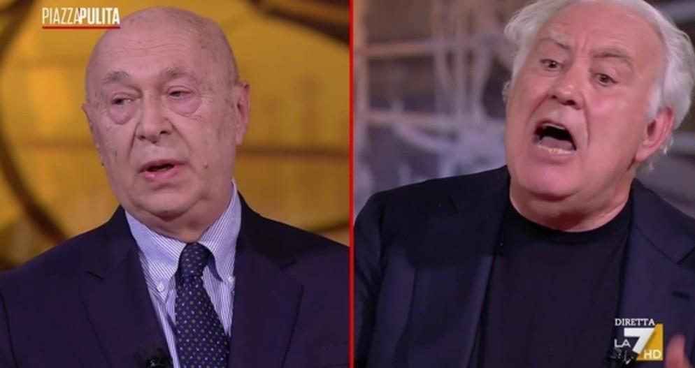 Piazzapulita, Santoro: “In tv solo un punto di vista sulla guerra”. Mieli lo attacca