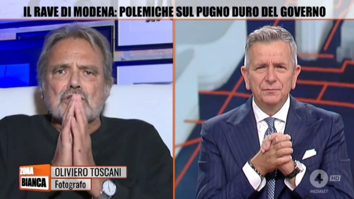 Zona Bianca, Toscani difende il rave party di Modena e attacca Brindisi: “Ma che giornalista sei?”