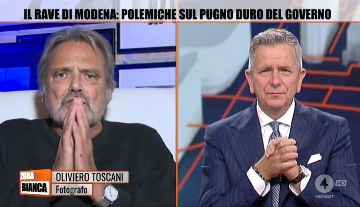 Zona Bianca, Toscani difende il rave party di Modena e attacca Brindisi: “Ma che giornalista sei?”