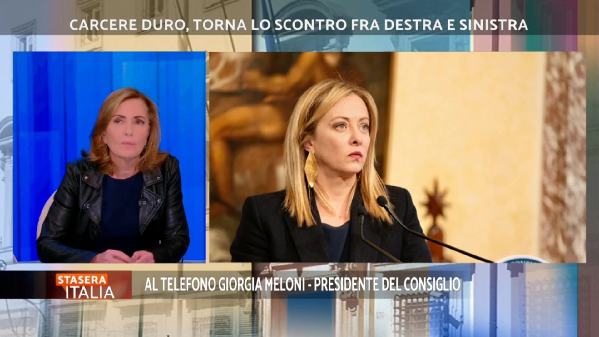 Stasera Italia, la premier Giorgia Meloni interviene telefonicamente per replicare a Barbara Palombelli