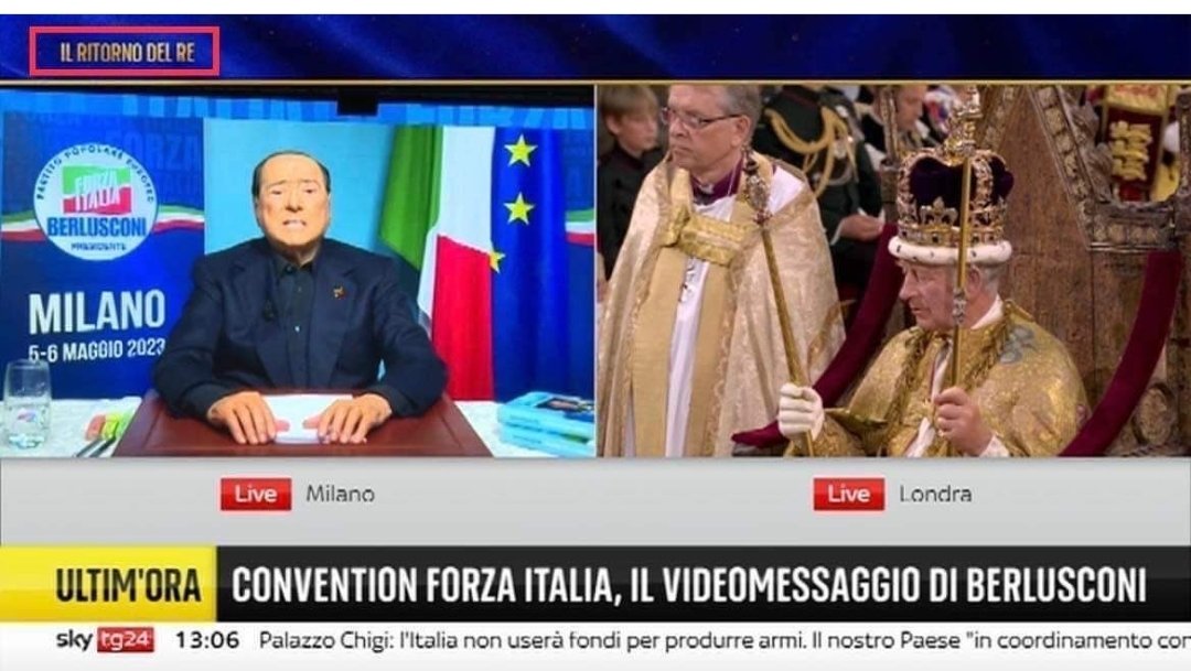 Su Sky Tg 24 “Il ritorno del Re”, Carlo III e Silvio Berlusconi vincono il meme della giornata (FOTO)