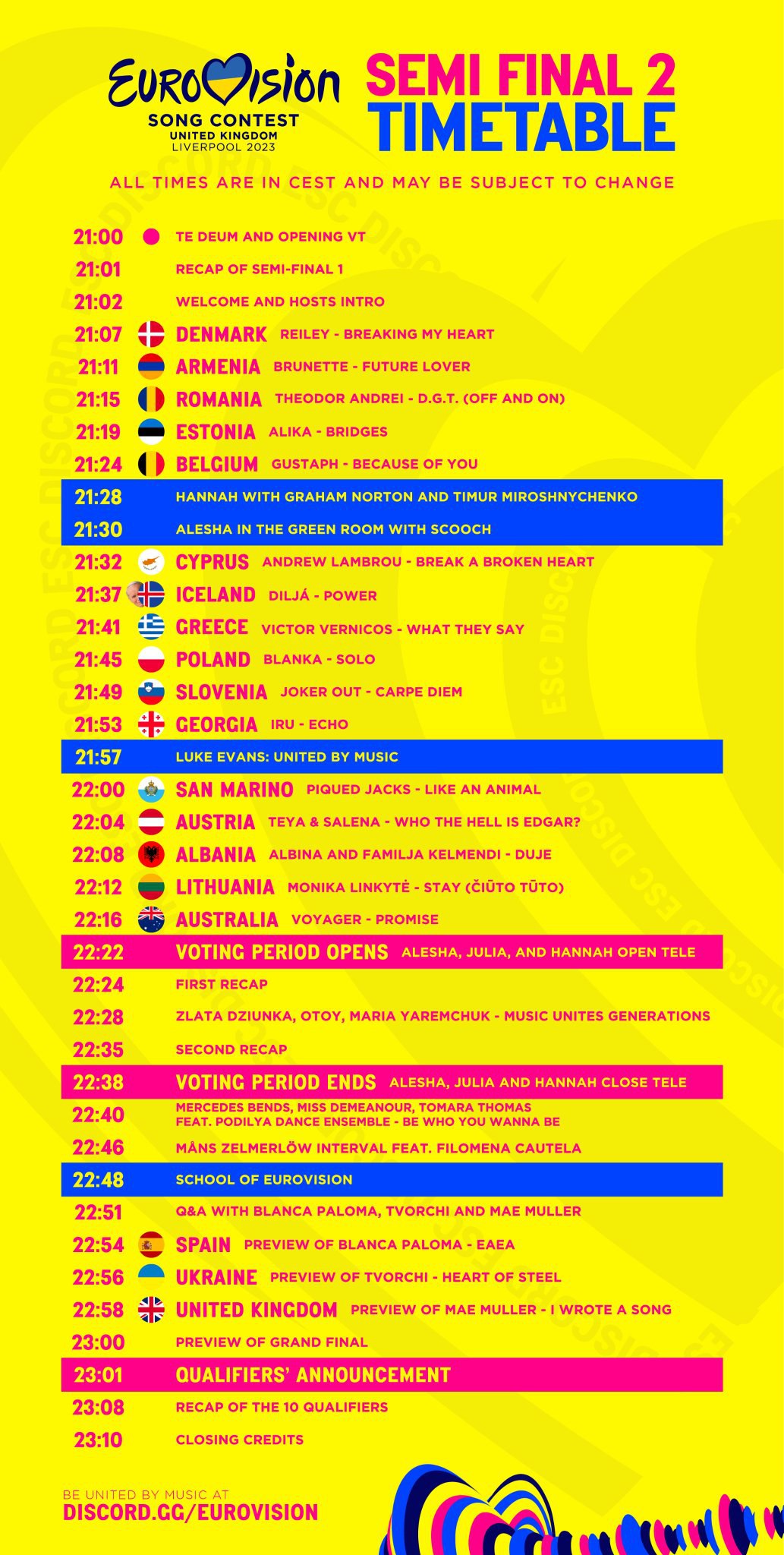 eurovision 2023 scaletta semifinale 11 maggio 2023