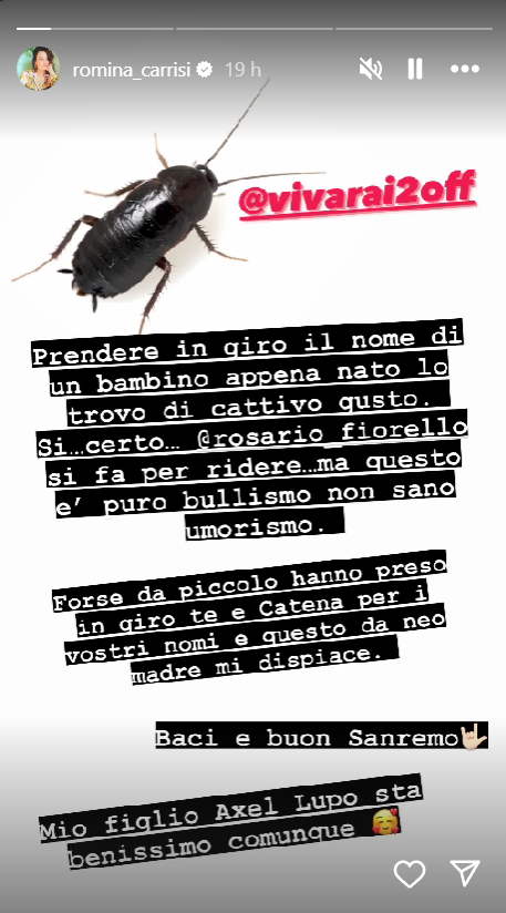 Romina Carrisi contro Fiorello: “Prende in giro il nome di mio figlio appena nato, è bullismo”