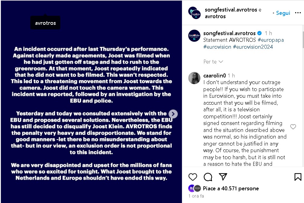Eurovision 2024 Joost Klein motivi squalifica