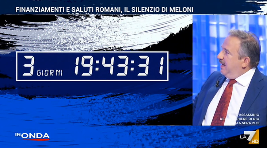 In Onda, un cronometro a tutto schermo per conteggiare il silenzio della Meloni