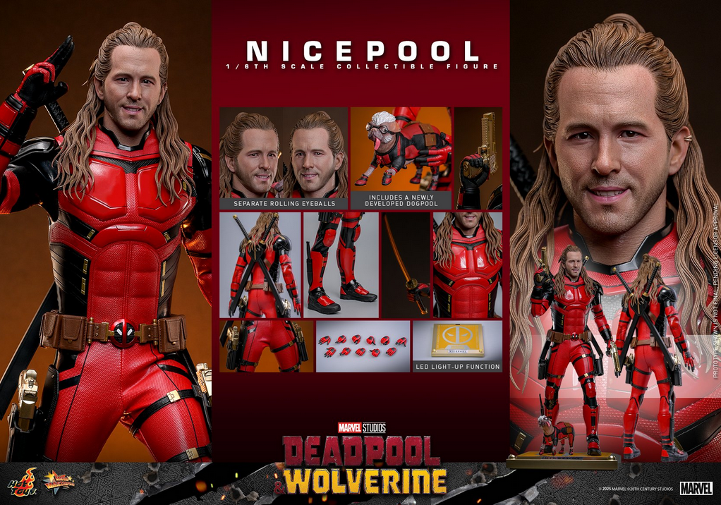 Foto della nuova action figure ufficiale Hot Toys del Nicepool di Ryan Reynolds nel film "Deadpool & Wolverine" aka "Deadpool 3" di Marvel Studios.