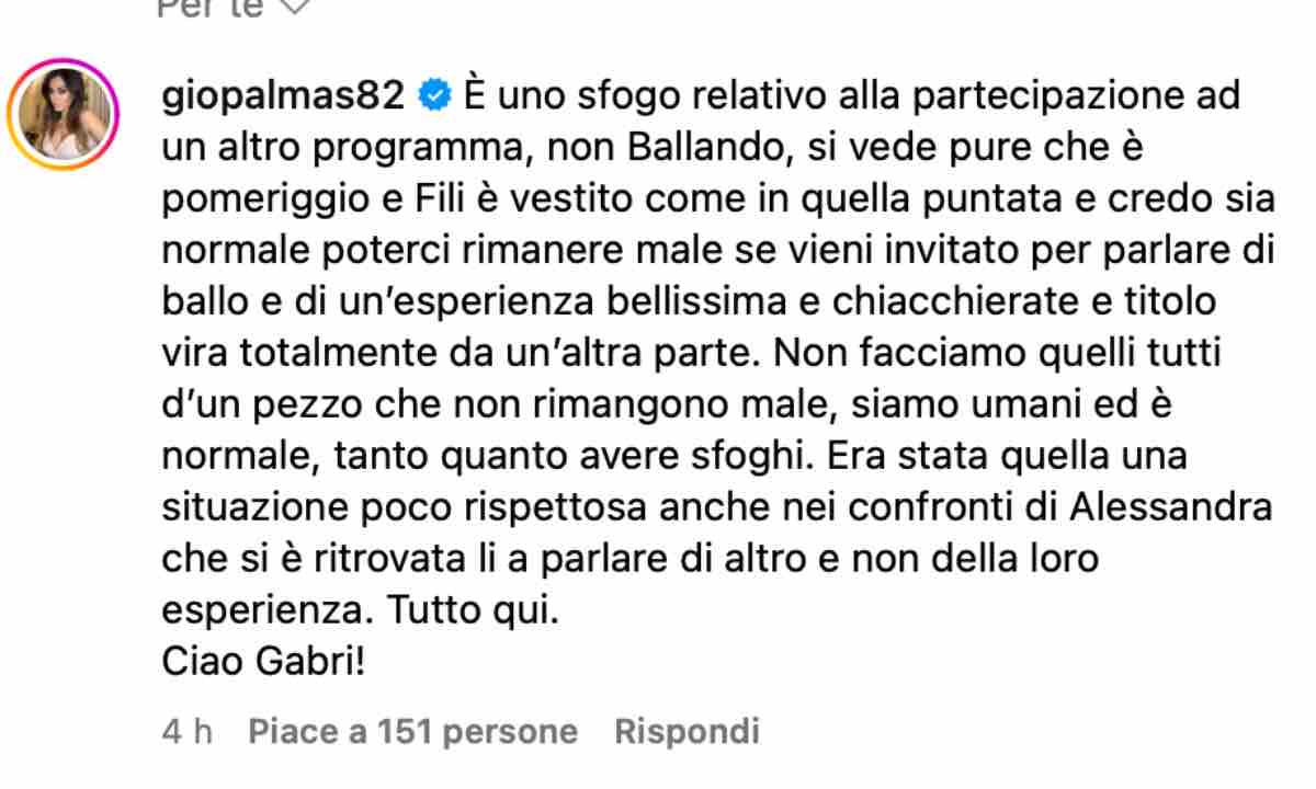 Giorgia Palmas, commento su Instagram a Gabriele Parpiglia