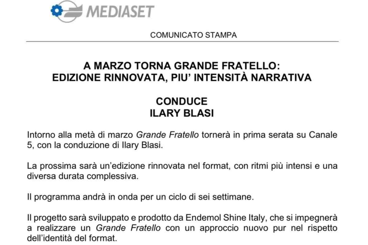 Comunicato Mediaset Grande Fratello