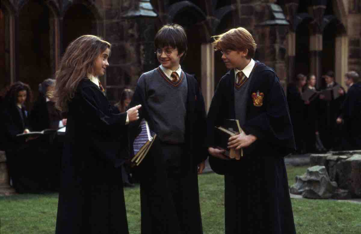 Harry Potter Emma Watson Daniel Radcliffe Rupert Grint sul set de La Pietra Filosofale