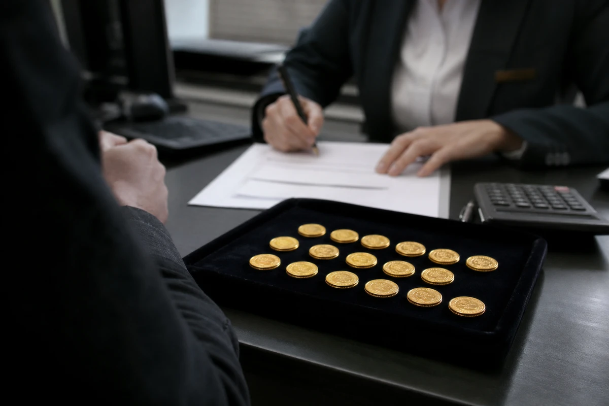 Gettoni d’oro su vassoio in velluto accanto a documenti firmati e calcolatrice su una scrivania